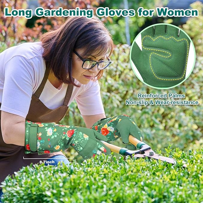 DLY Gardening Gloves,Leather Rose Gloves,Women's Long Glove for Gardening Work and Yard Work,Durable and Comfortable(Large, Green