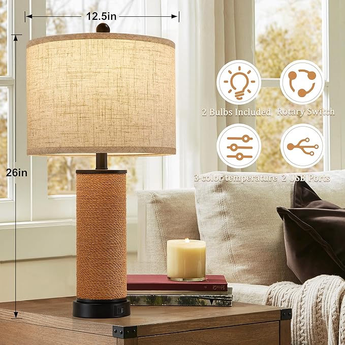 Set of 2 Rattan Table Lamps for Living Room with USB C+A Ports, 3 Color Temperature Nightstand Bedside Lamp Rocker Switch Coastal Lamps for Bedroom, Wicker Lamps for Living room (2 Bulbs Included)