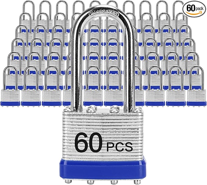 Padlocks with Same Key, LQYN 60 Pcs Laminated Keyed Padlock (1-9/16", 40mm), Keyed Alike Locks, Long Shackle, for Storage Locker, Hasp Latch, Toolbox, Sheds