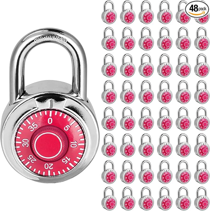 Combination Padlock 48 Pack, Fixed Dial Combination Padlock with Different Combinations, 2 in. Wide. Red Turntable, Lock for Gym & Locker, School, Toolbox, and More
