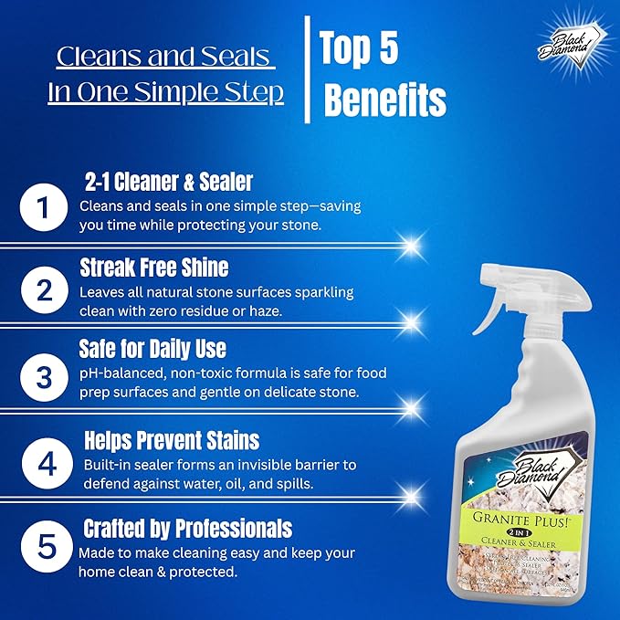 Black Diamond Stoneworks GRANITE PLUS! 2 in 1 Cleaner & Sealer for Granite, Marble, Travertine, Limestone, Ready to Use! 32 Fl Oz