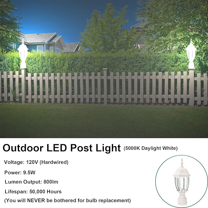 LIT-PaTH LED Outdoor Post Lighting Fixture, Pole Lantern, 9.5W 800 Lumens, 5000K Daylight White, Aluminum Housing Plus Glass, Matte White Finish, 2-Pack