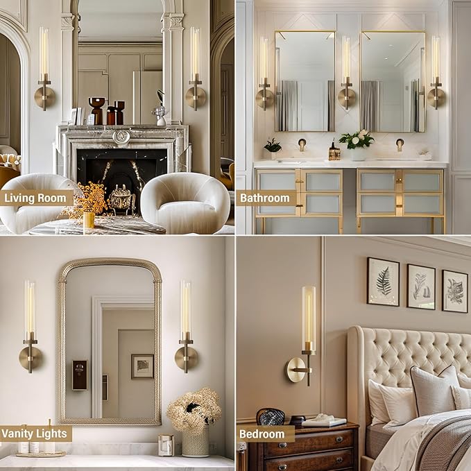 Brass Wall Sconces Set of Two 19.48'' Knurled Texture Indoor Wall Light Fixtures, Bathroom Vanity Light Fixtures with Clear Glass, Modern Wall Lamp for Living Room Hallway (Bulb Included)