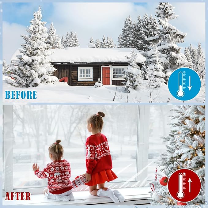 Window Insulation Kit, 87 × 394 Inch Plastic Window Coverings for Winter, Thicken Window Shrink Film Insulator Kit Windows Waterproof Winterizing with 4 Double-Sided Tape for 3 Pcs 7 x 9 Ft Windows