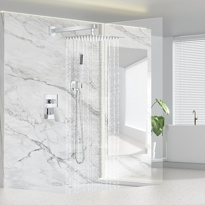Shower Faucet Set Bathroom Square Rain Shower Head and Handle Set, Wall Mounted Shower Fixtures, Full Metal Trim Repair Kit 12 inch Polished Chrome (With Shower Valve)