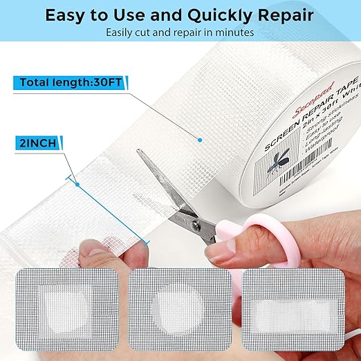 White Window Screen Repair Tape, 2 in X 30 FT (360IN) Kit for Windows or Doors, Strong Adhesive Patch Fiberglass Mesh Repair