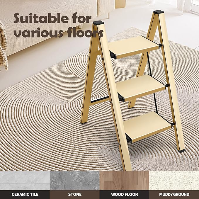 Taranta 3 Step Ladder,Aluminum Lightweight Folding 3 Step Stool with Anti-Slip Wide Pedal,330lbs Capacity Step Ladder for Household,Kitchen,Office - Gold