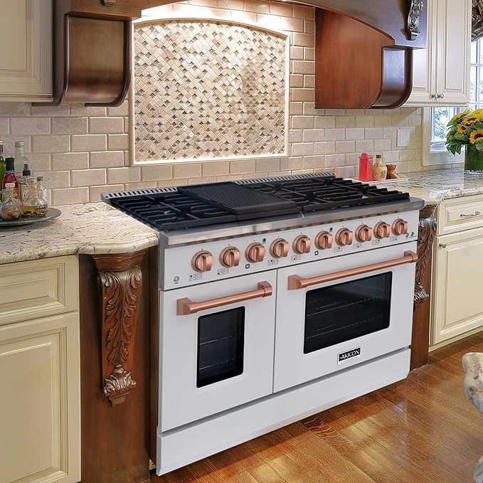 Akicon 48 Inch Freestanding Gas Range - 6.7 cu. ft. Double Rapid Convection Oven - Gas Stove with 8 Sealed Burners & a Griddle, Heavy Duty Cast Iron Grates (White & Copper)