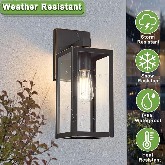 GRUENLICH Waterproof Large Outdoor Wall Lanterns, Modern Porch Sconces with Clear Glass Shade, E26 Socket Max 60W, IP65, Metal Frame, for Patio, Front Door, Entryway, Oil Rubbed Bronze Finish, 1-Pack