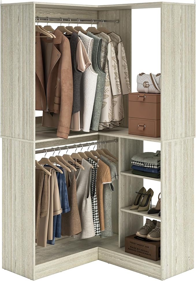 Unikito 36 Inch Corner Closet System, Large Freestanding Closet Organizer System with 2 Hanging Rods and Storage Shelves, Sturdy Walk in Closet Tower, 36" W x 36" D x 80" H, White Oak