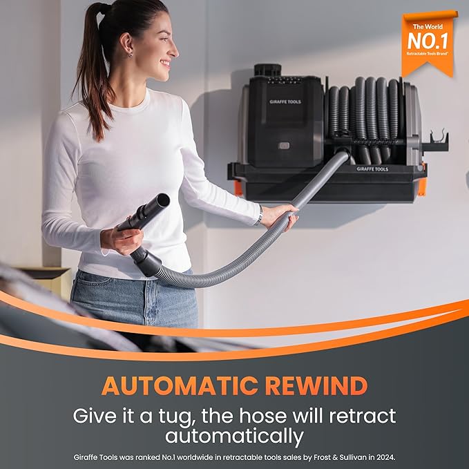 Giraffe Tools Grandstorm Retractable Vacuum Cleaner Wall-Mounted, Shop Wet Dry Vacuum Cleaner with 6 Nozzles for Car Detailing Remote Control Garage Vacuum, Grey