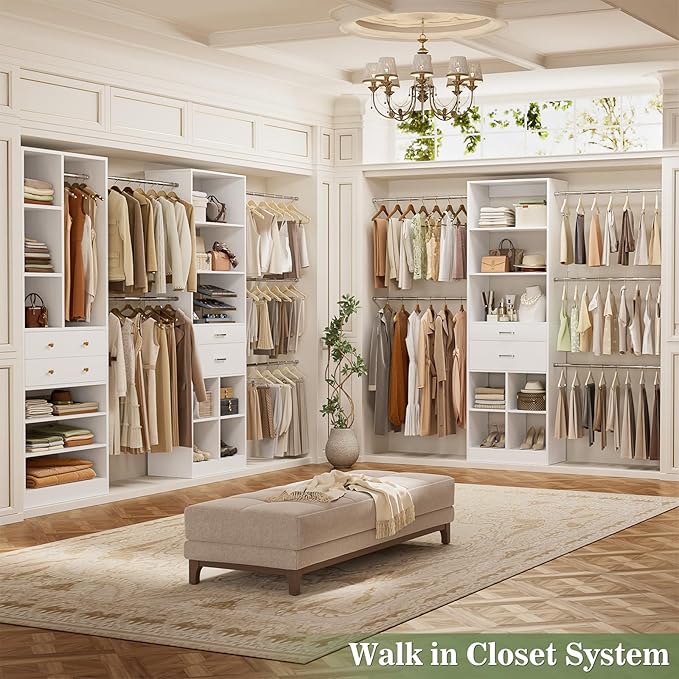 Closet System, Up to 128.6"/10.7 FT Closet Organizer with 4 Wooden Drawers and Shelves, Walk-in Closet System with 6 Hanging Rods, Built-in Closet Can Fit 96"/8FT, 120"/10FT, White
