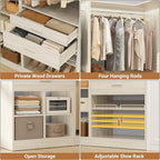Unikito 86" Corner Closet System, Modular Closets Organizer with 4 Hanging Rods and Storage Shelves, Freestanding Wood Clothes Garment Rack with Drawers, Sturdy Walk in Closet Tower, White Oak