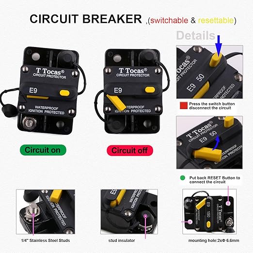 T3 Surface-Mount 80 Amp Circuit Breaker with Manual Reset Switch Button, 12V - 48V DC, Waterproof 80A