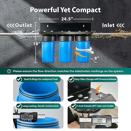 iSpring 3-Stage Whole House Water Filter System, SGS-Tested to Remove Up to 99% Lead, Reduces Chlorine & Sediment, Whole Home Water Filtration System w/ 10” x 4.5” Filters, Model WGB31B-CPB