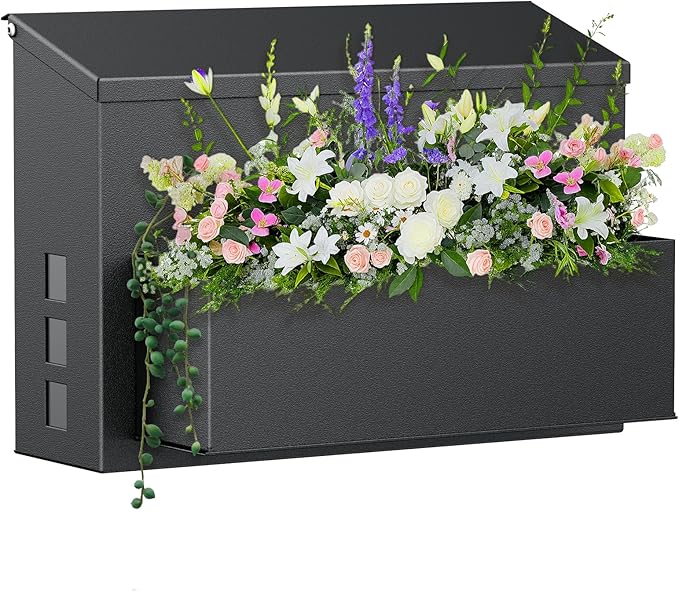 Uniclife Wall Mount Mailbox for Outside, Large Mailbox with Planter, Large Capacity Mail Box for House, Rust-Proof Steel Post Box for Home Office School, Modern Metal Drop Case, Black