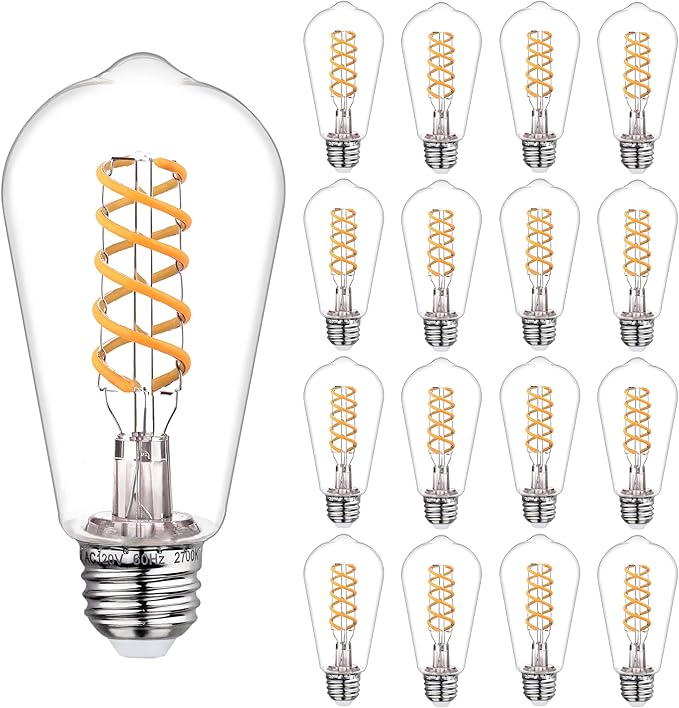 16 PCS Dimmable Vintage LED Edison Bulbs, 6W Equivalent 60 Watt, Warm White 2700K, Antique Flexible Spiral LED Filament Light Bulb, ST58 (ST19), 600 Lumens, E26 Base, Clear Plastic