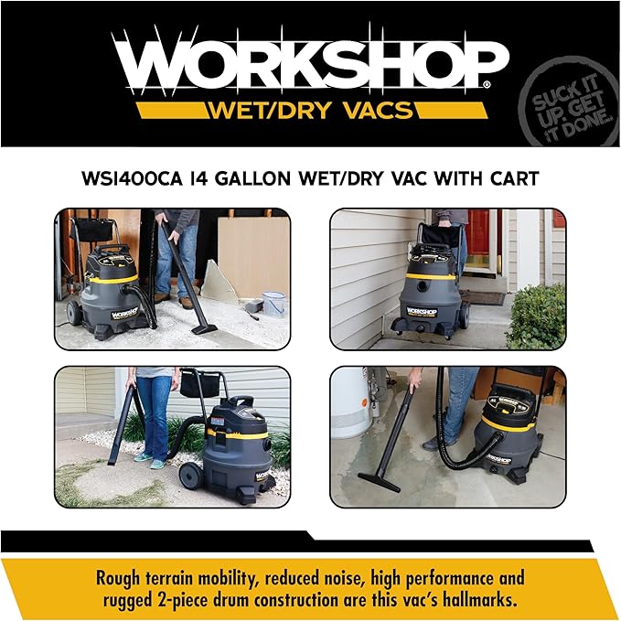 WORKSHOP Wet/Dry Vacs Shop Vacuum WS1400CA 14-Gallon 6.0 Peak HP High Power Wet Dry Vacuum Cleaner with Filter, Dust Bag, Hose, Attachments and Cart for Garage, Basement and Workshop Cleaning