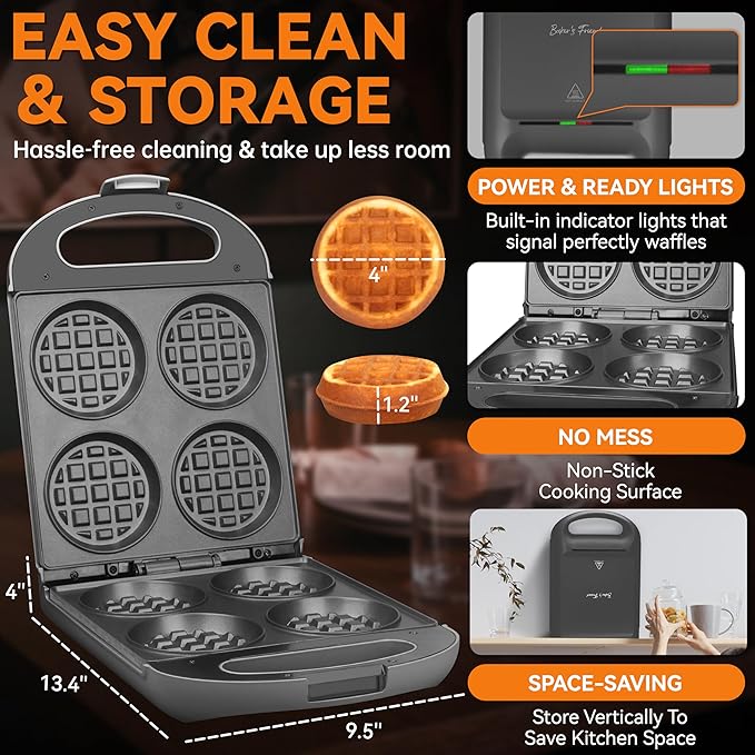 Baker's Friend Multi Stuffed Waffle Maker Thick, 4-Slice with 1.2'' Thick & 4'' Dia, Belgian Mini Waffle Maker Flip, Nonstick Breakfast Sandwich Maker, Stuffed Waffle Iron, Graphite