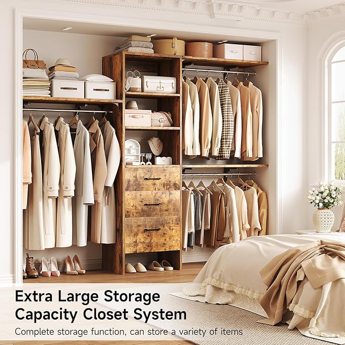 8FT Closet System, 96'' Closet Organizer System with 3 Hanging Rods, Wall Mount Bedroom Wardrobe with 3 Drawers Walk-in Closet, Adjustable Cloth Garment Rack from 5 to 8FT (Cut to Fit), Rustic Brown