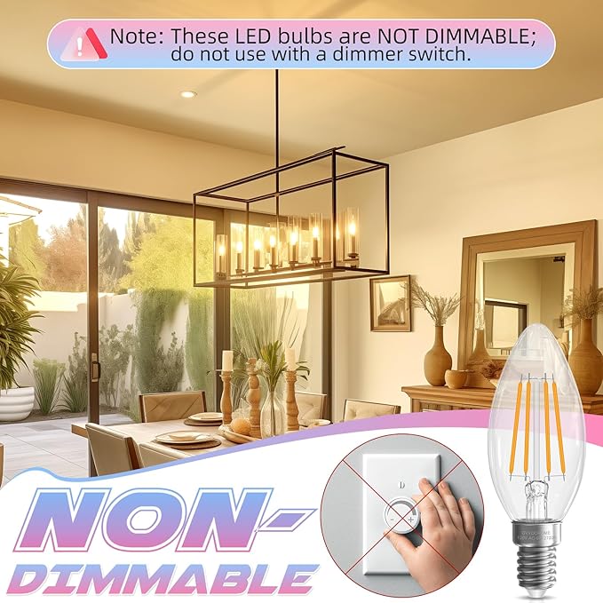 E12 Candelabra Bulb 2700K Soft White, 6W Equivalent to 60 watt, E12 LED Bulb Non-Dimmable, Chandelier Light Bulbs, B10 Candle Light Bulbs, 90+CRI, 600LM, Cear Glass, 12 Pack