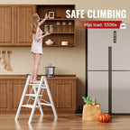 GameGem 3 Step Ladder, Aluminum Folding Step Stool with Anti-Slip Sturdy and Wide Pedal, Lightweight Portable Stepladder for Home and Kitchen Use Space Saving, Cream White, 330 lbs