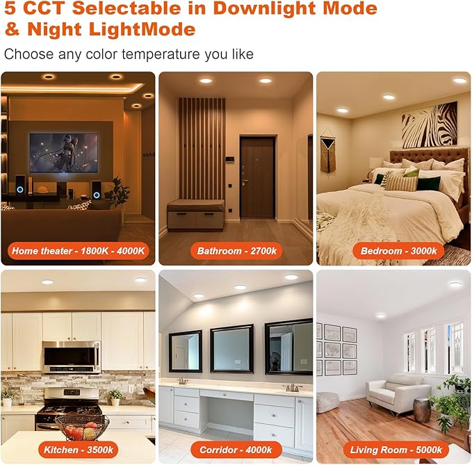 ZYC Canless LED Recessed Lighting 6 Inch 6 Pack 5CCT Ultra-Thin Downlight Lights with Night Light Mode,12W 1100LM Dimmable Retrofit Wafer Recessed Ceiling Light,1800K to 5000K ETL,FCC