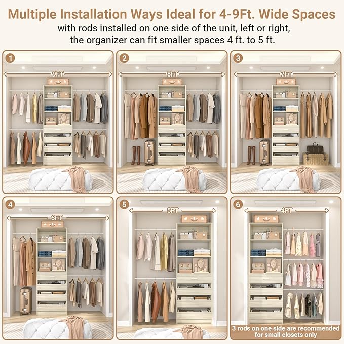 Aheaplus Closet System Set of 2, 4-9Ft Wood Closet Organizer with Drawers & Shelves, Closet Organizer System with 8 Hanging Rods, Walk-in Closets Organizer Wardrobe Closet Rack, White Oak