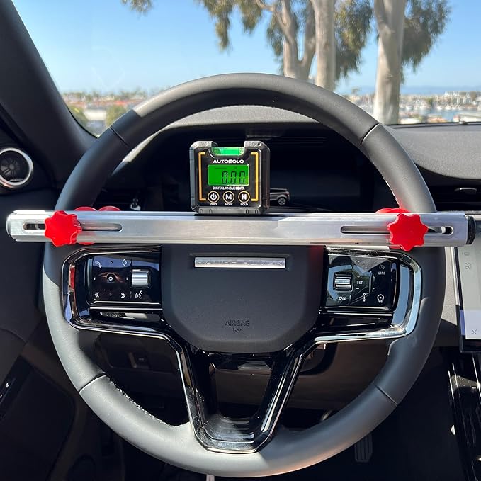 Steering Wheel Level Alignment Tool with Digital Angle Level & Magnetic Torpedo Vial - Adjustable Spring-Loaded Leveling Tool - Universal Steering Wheel Compatibility