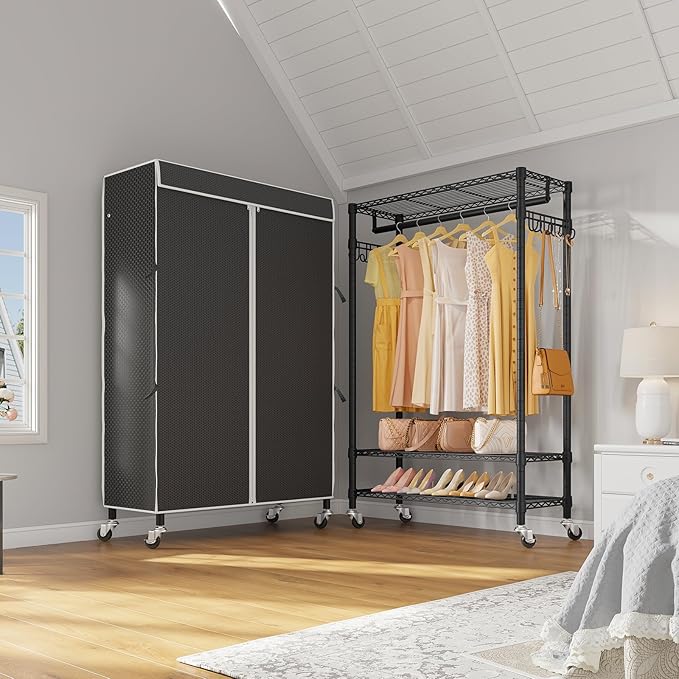 VIPEK R3C Rolling Clothes Rack with Cover Portable Closet for Hanging Clothes, Heavy Duty Garment Rack Freestanding Racks with Wheels&Side Hooks, Black Rack with Black Upgraded Polyester Cover