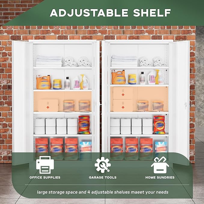 Greenvelly Metal Garage Storage Cabinet with 2 Doors & Adjustable Shelves, 72" Lockable Steel Tool Cabinet - White - (36" W x 18" D)