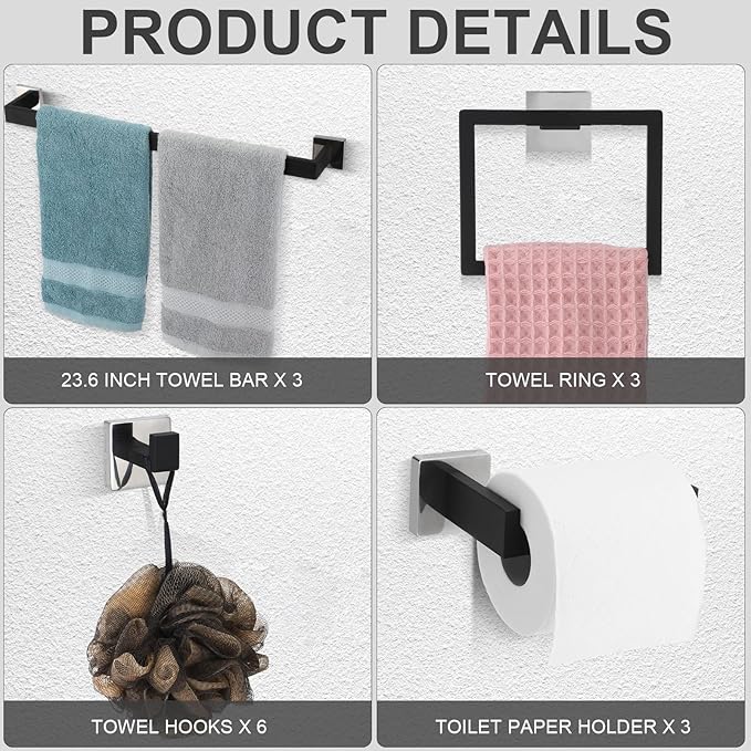Gisafai 15 Pcs Bathroom Hardware Accessories Set 23.6 Inch Bath Towel Bar Kit Stainless Steel Bathroom Hardware Set Towel Racks Ring Hooks Paper Holder for Wall Mounted (Black Silver)