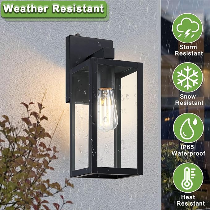 GRUENLICH Dusk to Dawn Large Outdoor Wall Lantern, Wall Sconce as Porch Lighting Fixture, E26 Base Max 60W, Metal Housing with Glass Shade (Black, 2-Pack)