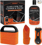 Glass Stove Top Cleaner Kit 12 oz, Cooktop Cleaner and Polish Non-Abrasive No Scratch Removes Tough Stains, with Scrubbing Pad, Handle, Scraper, Cloth