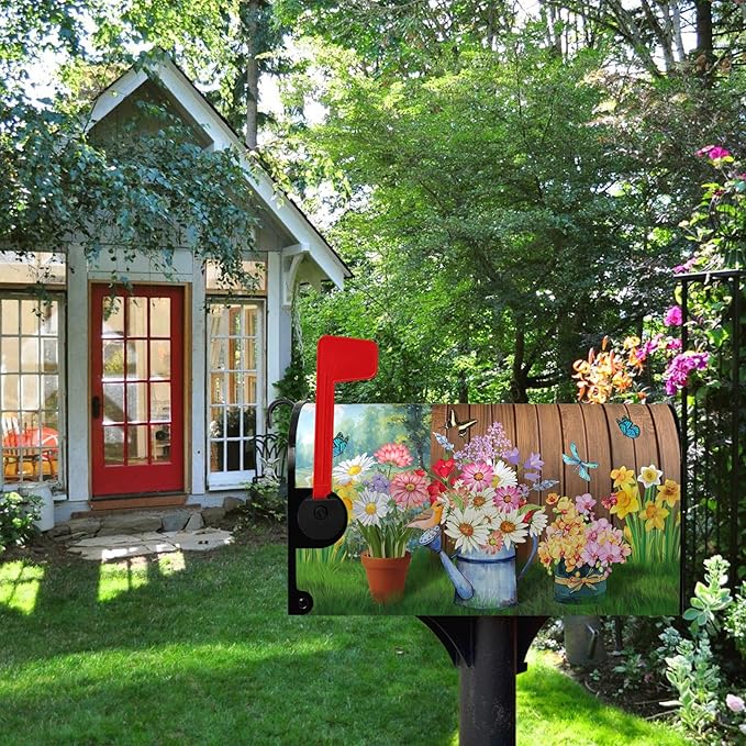 Summer Flower Mailbox Covers Magnetic Large Size Spring Floral Butterfly Mailbox Wraps Colorful Spring Mailbox Post Cover Oversized Mailbox Decor Waterproof for Garden Yard 25.5x21 Inch