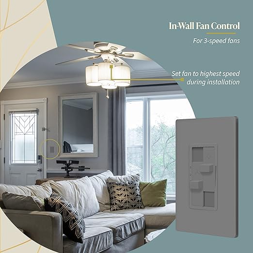 TOPGREENER Kalide Combo Dimmer Switch with 3-Speed Fan Control, Light and Fan Combination Switch, Single Pole, 2.5A, 200W LED/CFL, Neutral Wire Not Required, TGDSFS3-GY, Gray