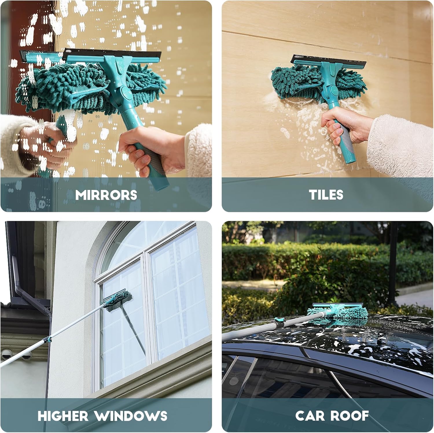 20 Feet High Reach Window Squeegee with 5-12Ft Extension Pole, Window Cleaner Tool with 3-Stage Telescoping Pole, Window Cleaning Kit with Rotatable Head (2 Squeegee & 2 Microfibre Cloths)