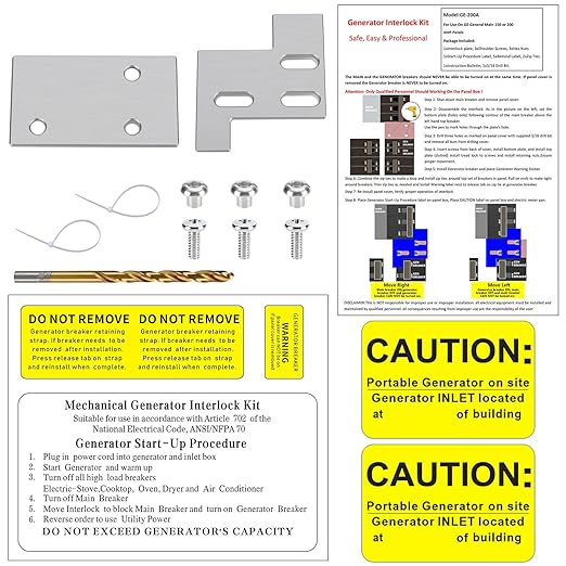 Generator Interlock Kit Compatible with GE General Main 150 or 200 Amp Panels, 1-1/4" Spacing Between Main and Branch Breakers, Electrical Interlock Kit