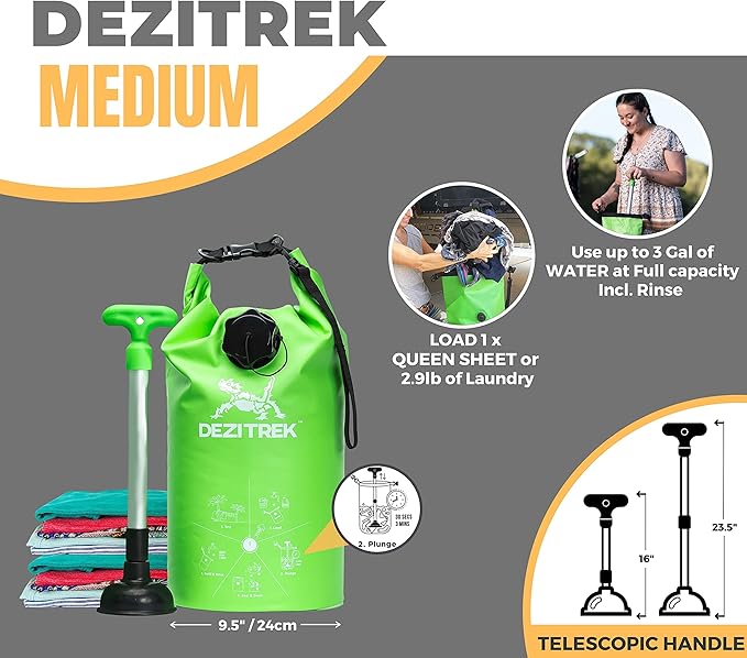 One Hand Wash Bag and Plunger Set - Off Grid Washing Machine Non Electric for Camping Travel | Eco Friendly Portable Manual Clothes