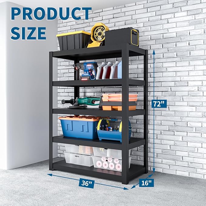 Shelving Units and Storage, 3000LBS Garage Storage Shelves, 5 Tier Shelving Unit, Steel Industrial Shelving, Adjustable Standing Shelf for Garage, Pantry, Closet 72" H x 36" W x 16" D, Black