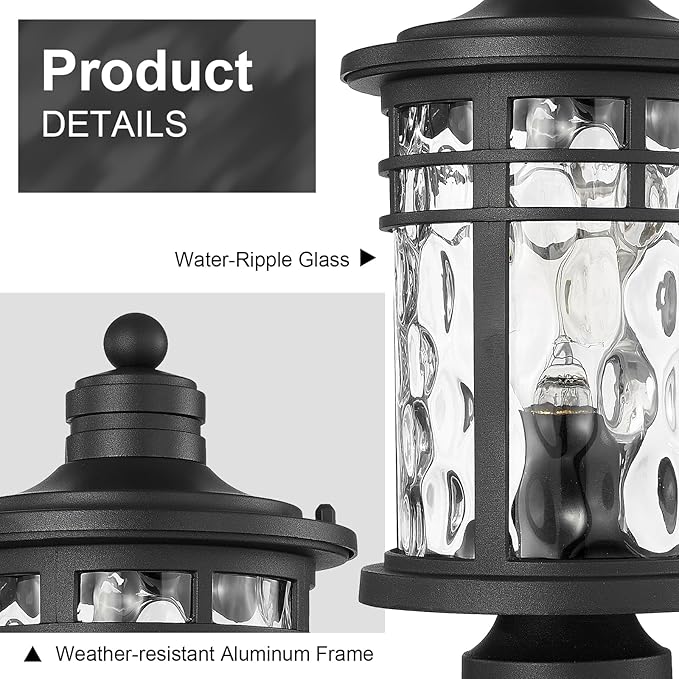 Darkaway Outdoor Post Lights Lamp Posts Outdoor Lighting, Aluminum Post Lights Outdoor Light Fixtures with Water Ripple Glass, Pole Light for Outside Patio Yard Garden