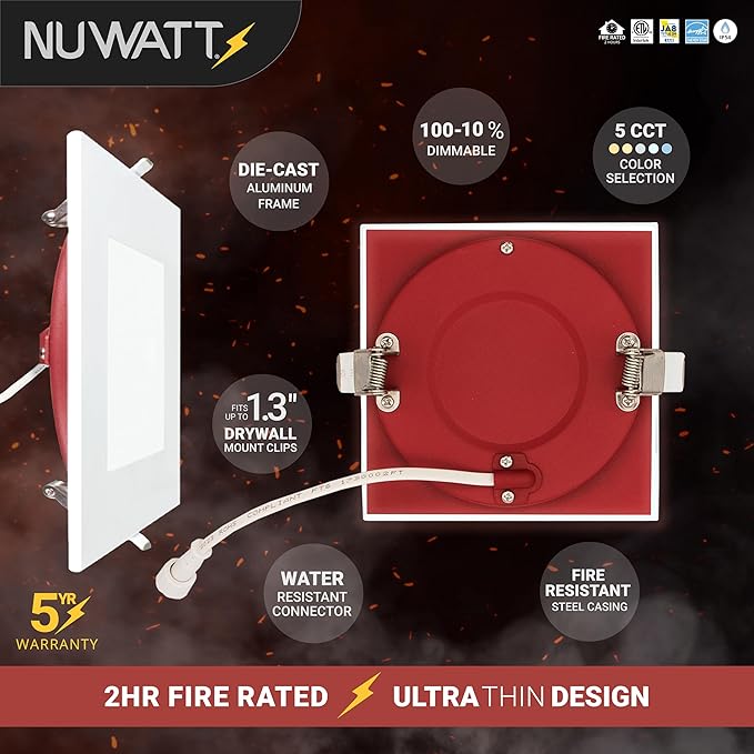 NUWATT 6" Fire Rated Recessed Light, 90 CRI Wafer Lights 6 Inch, 5CCT 2700K/3000K/3500K/4000K/5000K, 15W, Dimmable 1200LM, Wet & IC Rated LED Square Recessed Lighting, No Tenmat Needed, ETL, 6 Pack