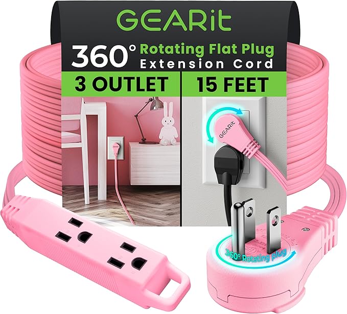 GEARit 360 Rotating Flat Plug Extension Cord with 3 Outlets (15ft, Pink) 16AWG/13A 3 Prong Wire, Outlet Saver for Home Office Dorm Room Essentials, ETL Certified
