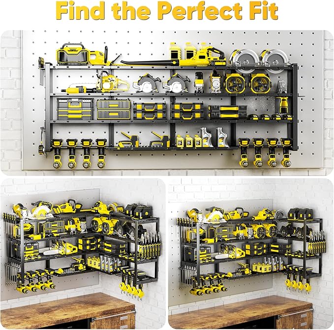 64”W Power Tool Organizer Wall Mount, Heavy Duty 8-Drill Cordless Drill Holder Supports 800 lbs, 4-Layer Corner or Straight Assembly Large Tool Battery Storage Rack for Garage Workshop