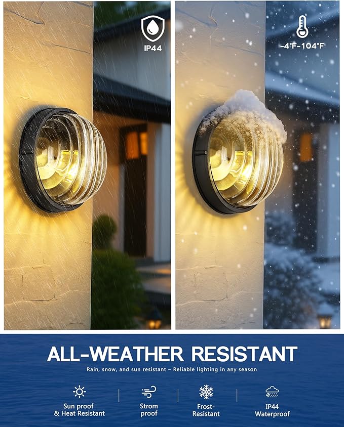 FEMILA 10" Modern Outdoor Wall Lantern, 2 Pack Nautical Outdoor Lighting, Bulkhead Sconce for Front Porch/Entry Light, Aluminum, Ripple Glass, ETL & UL Listed, 4FYX105FL-2 BK SW