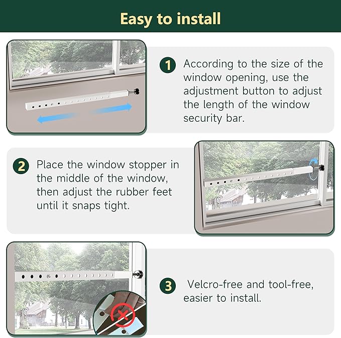 Adjustable Window Security Bars Vertical, Heavy Duty Sliding Patio Glass Door Lock Bar with Rubber Feet, 17-33 inch Window Safety Stopper for Up and Down Windows -White 1 PCS Patented
