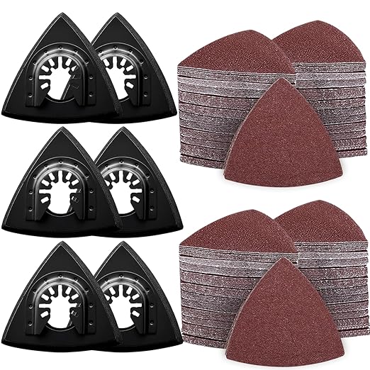 136Pcs Oscillating Tool Sanding Pad Kit, Contains 6Pcs Triangle Sanding Pads and 130Pcs Multitool Sandpaper, 60 80 100 120 240 Grits Oscillating Multi Tool Sandpaper Great for Wood&Plaster Polishing