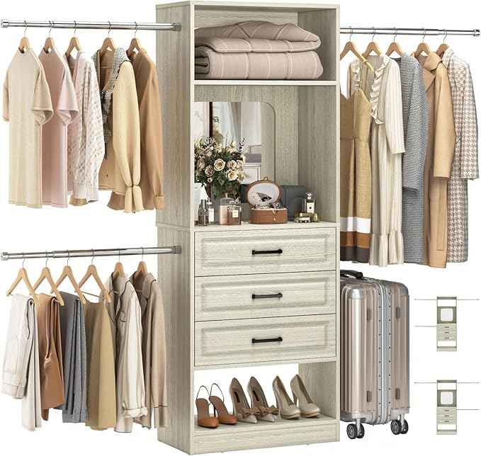 Unikito 48" W - 96” W Closet System with Mirror, 8FT Walk in Closet Organizer Kits with Drawers and 3 Extendable Hanging Rod, Sturdy Wood Garment Rack with 25” Tower, Max Load 1000 LBS, White Oak