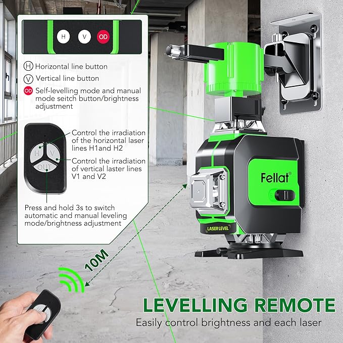 Laser Level, 4x360° Self Leveling Green Cross Line Laser for Construction and Picture Hanging with Rechargeable battery, Remote Controller, Magnetic Rotating Stand