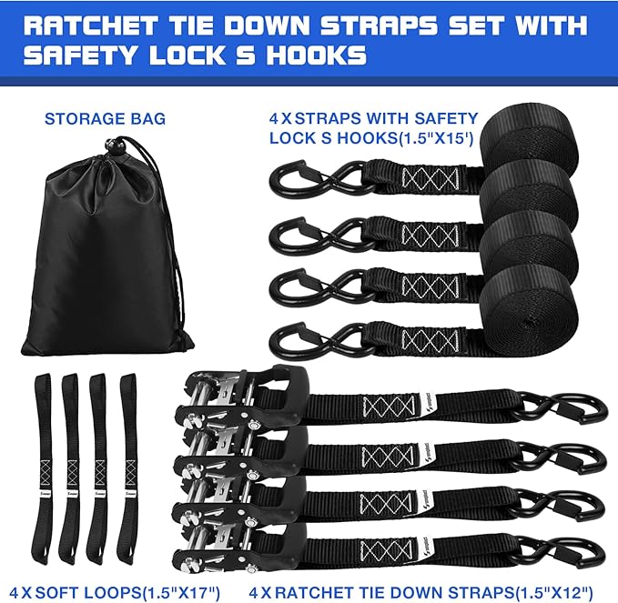 4000 lb Ratchet Straps 1.5 Inch 15ft 4 Pack Adjustable Tie Down Straps with S Hooks,Heavy Duty Strap for,Boats,Truck Bed,Tarps,Trailers,Wind,Storage Sheds,Rook Rack,Car Accessoreis Essentials Black